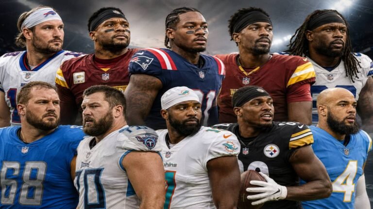 Professional sports graphic showing dynamic NFL action silhouettes of an edge rusher, wide receiver and linebacker with bold overlay text “Top 10 Free Agents Entering June 2026” and subtle NFL branding.