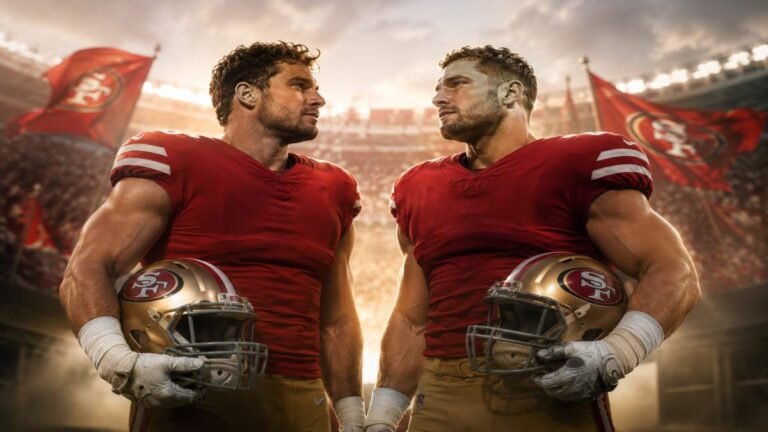 Nick Bosa and Joey Bosa standing side by side on Levi’s Stadium field in San Francisco 49ers jerseys under dramatic stadium lights