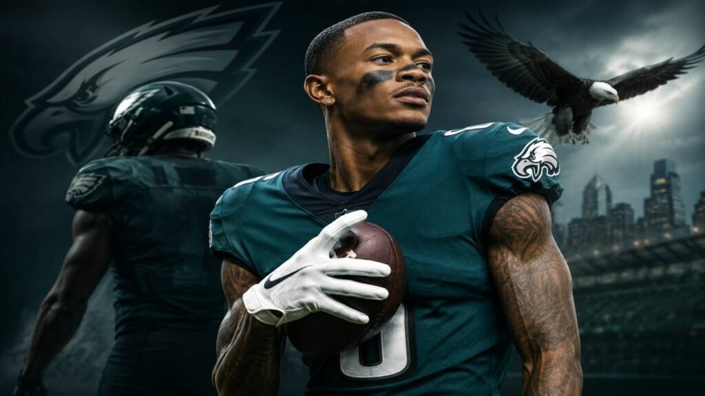 DeVonta Smith leaps for a contested catch in Eagles green during 2026 OTA drills, showcasing the explosiveness that has analysts calling him ready for WR1 duties.