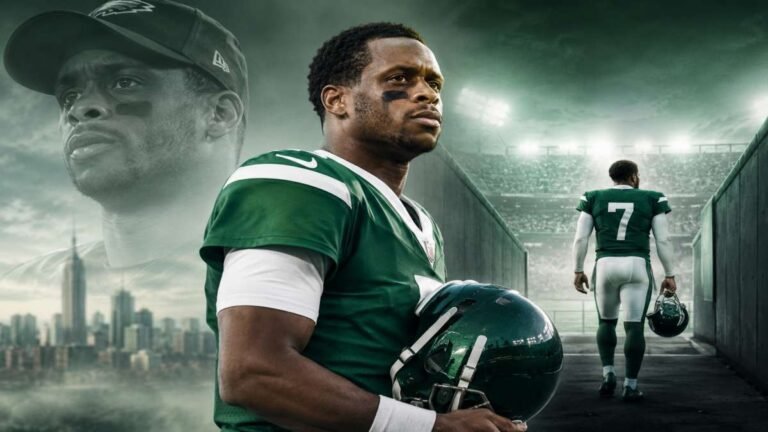 Geno Smith in New York Jets #7 jersey walking the team facility hallway during his 2026 return
