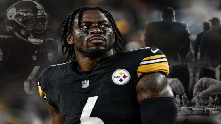 Pittsburgh Steelers linebacker Patrick Queen, wearing black jersey number 6, gestures confidently while speaking to reporters during organized team activities in May 2026 at the practice facility.
