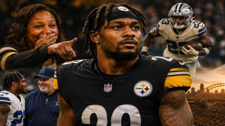 Rico Dowdle powering through the line in Pittsburgh Steelers uniform as Mike McCarthy celebrates on the sideline during a 2026 NFL game at Acrisure Stadium