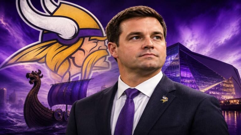 Professional NFL news graphic showing Minnesota Vikings and Seattle Seahawks logos flanking a confident portrait of Nolan Teasley in a suit, with U.S. Bank Stadium and Lumen Field silhouettes, Super Bowl confetti, and bold text announcing the Vikings' new general manager hire.