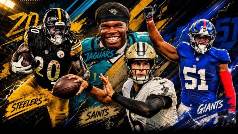 Rookies from the 2026 NFL Draft class leaping for contested catches during mandatory minicamp, showcasing speed and athleticism across multiple teams.