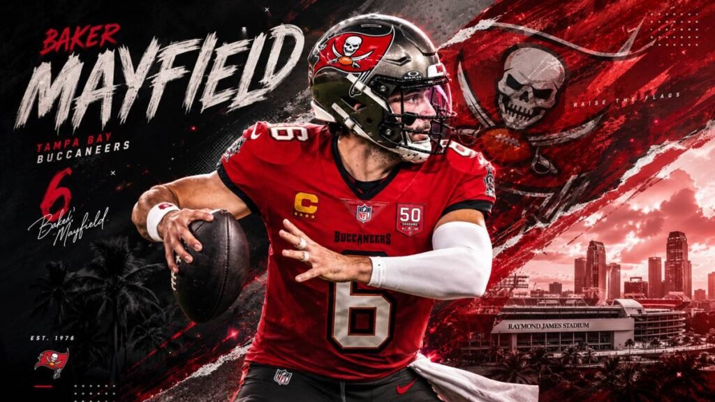 Baker Mayfield in Buccaneers red jersey throwing a football during OTA practice while head coach Todd Bowles observes from the sideline on a sunny Florida field.