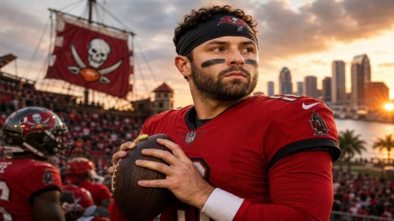 Baker Mayfield smiles while coaching and interacting with young athletes at his Tampa youth football camp on June 5, 2026, with the Buccaneers practice facility visible behind him under clear Florida skies.