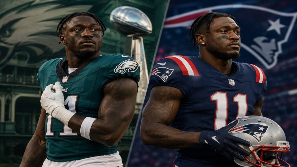 Split-view portrait of A.J. Brown in Philadelphia Eagles jersey on the left and New England Patriots jersey on the right, symbolizing the completed trade, with front-office figures and stadium lighting in the background under dramatic June 2026 lights.