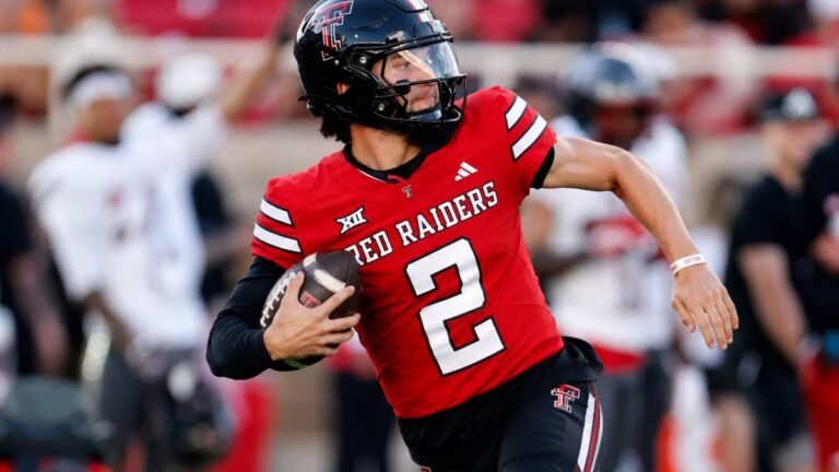 Former Texas Tech quarterback Brendan Sorsby drops back and throws a pass in his red and black Red Raiders uniform during a college game, with a large NFL shield logo crossed out in red behind him, symbolizing the closed door on his 2026 supplemental draft hopes.