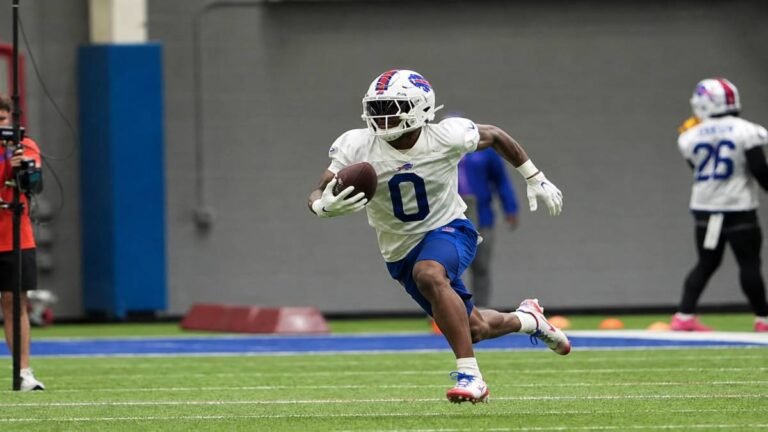Collage of Buffalo Bills quarterback Josh Allen throwing, running back James Cook bursting with the ball, and offensive tackle in protection, all in navy and red uniforms, capturing the high-energy 2025 season that sets up strong 2026 Top 100 expectations.