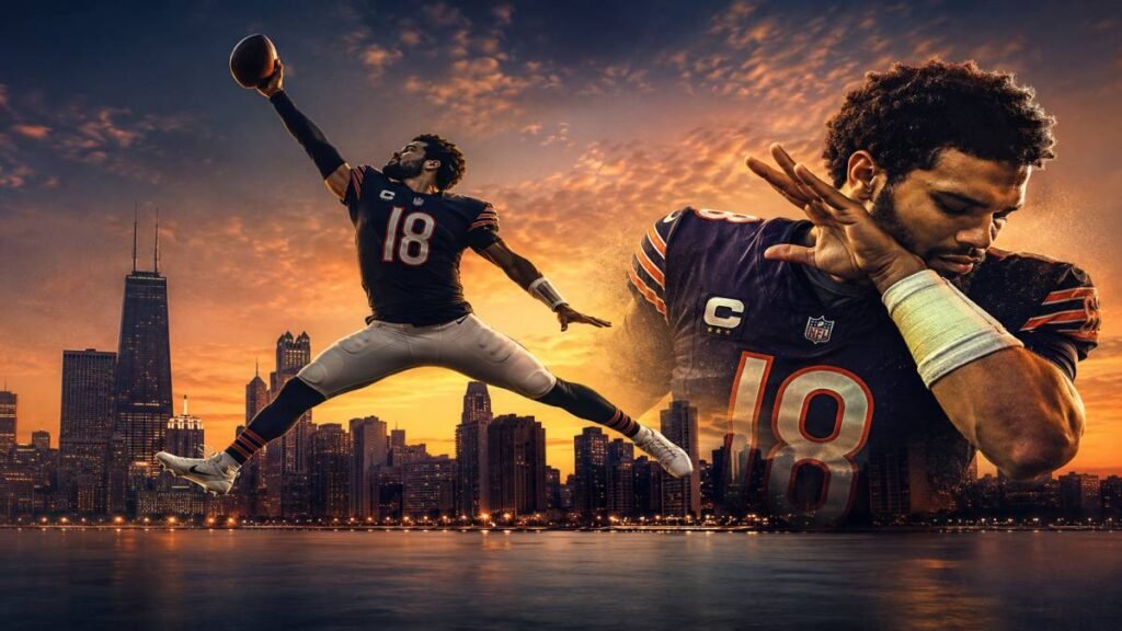 Caleb Williams in a dynamic Jumpman pose homage to Michael Jordan’s Air Jordan, leaping against the Chicago skyline with Lake Michigan visible, wearing his Bears jersey number 18, football in hand.