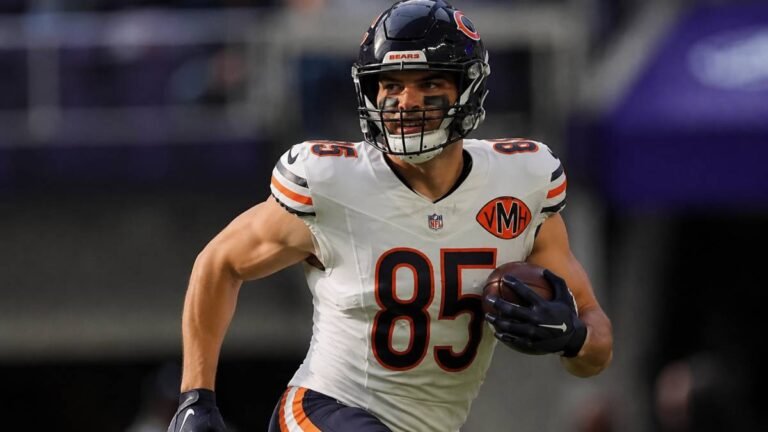 Chicago Bears tight end Cole Kmet wearing number 85 reaches to make a catch during an NFL game at Soldier Field, with fans and autumn scenery visible in the background.
