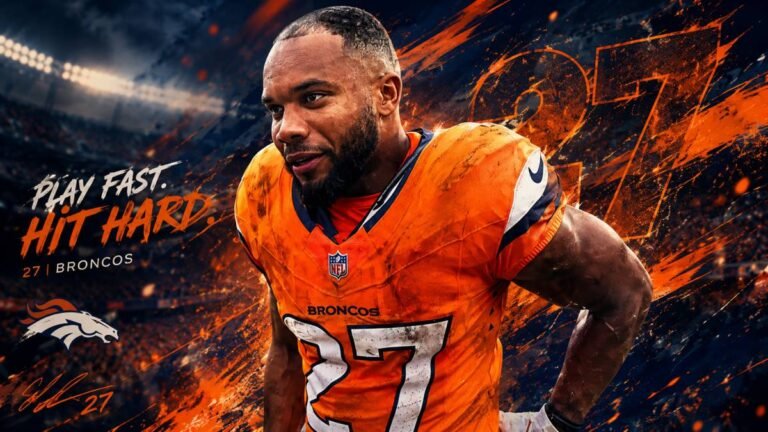 J.K. Dobbins powering through defenders in a Denver Broncos uniform during game action, showcasing explosive running style and focus.