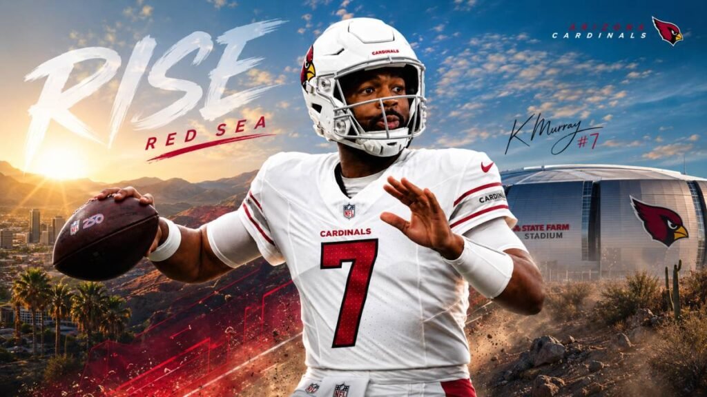 Arizona Cardinals quarterback Jacoby Brissett in uniform during mandatory minicamp practice in Tempe, Arizona, under clear desert skies, focused and ready amid contract discussions.