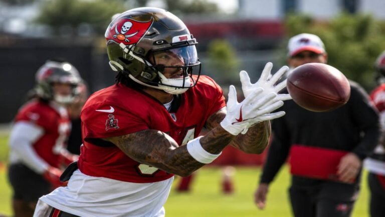 Jalen McMillan catching a pass during Tampa Bay Buccaneers OTAs in 2026, wearing red practice jersey