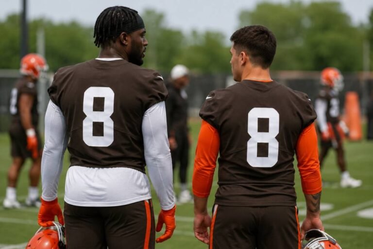 Cleveland Browns edge rusher Jared Verse wearing No. 8 jersey during June 2026 OTA practice in Berea, Ohio, exploding off the line in brown and orange.