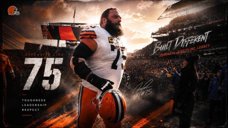 Cleveland Browns All-Pro guard Joel Bitonio in uniform on the field at Huntington Bank Field, reflecting on his 12-year career and retirement from the NFL.