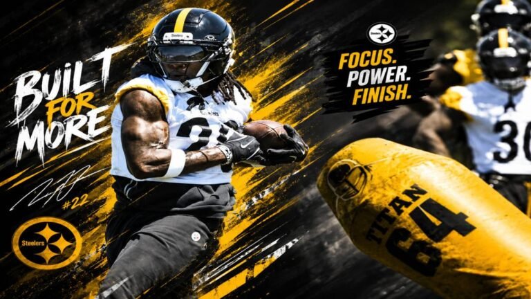 Pittsburgh Steelers running back Kaleb Johnson focused and determined during 2026 minicamp practice in black and gold uniform.