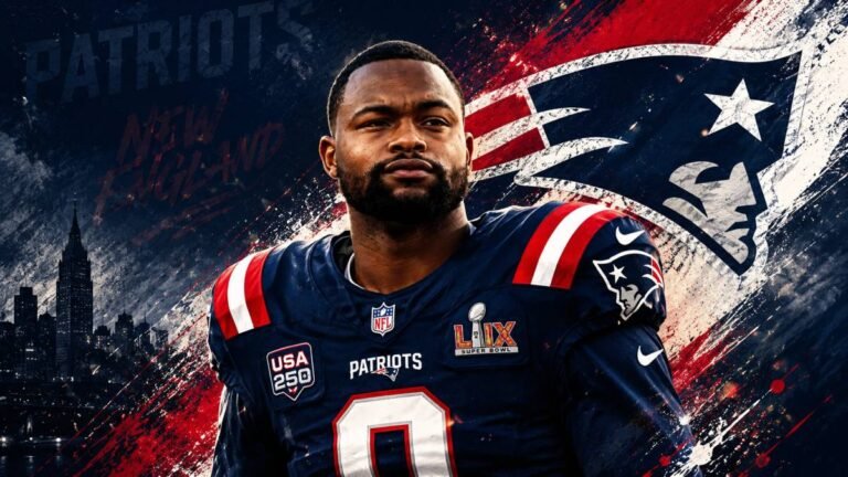 New England Patriots wide receiver Kayshon Boutte stands confidently on the practice field in his number 9 jersey during the 2026 offseason, helmet in hand, focused and ready amid trade speculation.