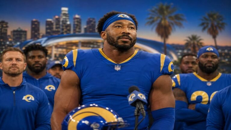Myles Garrett speaks confidently at his introductory press conference after joining the Los Angeles Rams, standing at a podium with microphones in front of a Rams backdrop in Woodland Hills, California.