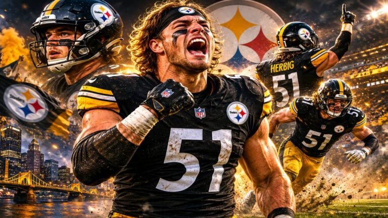 Explosive Pittsburgh Steelers edge rusher Nick Herbig (#51) in full stride during a critical play at Acrisure Stadium, black and gold uniform sharp against the roaring home crowd, capturing the athleticism that earned him a four-year, $100 million contract extension.