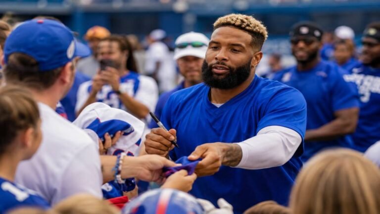 Odell Beckham Jr. in Giants practice gear catching a pass during workout with New York skyline and MetLife Stadium in background, bold text overlay "OBJ Back to Big Blue?"