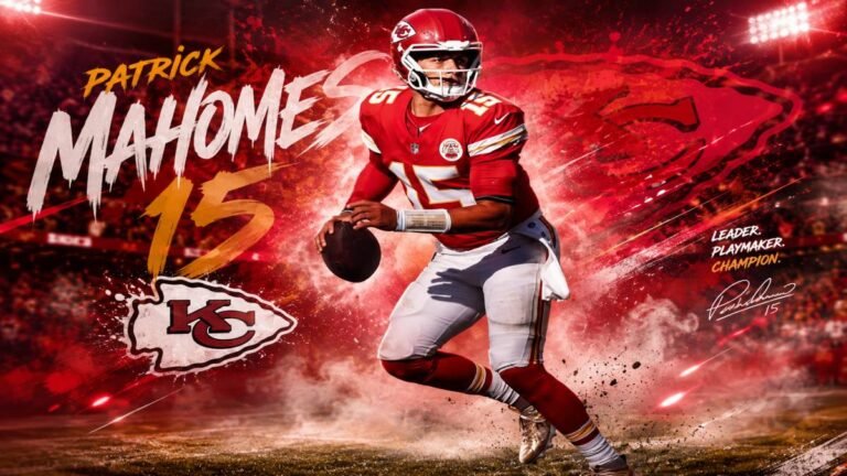 Patrick Mahomes celebrating a touchdown at Arrowhead Stadium in his Chiefs jersey under stadium lights with cheering fans.
