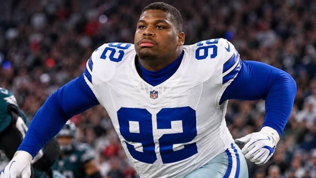 Quinnen Williams #92 exploding off the line during Dallas Cowboys 2026 minicamp practice in Frisco, Texas.