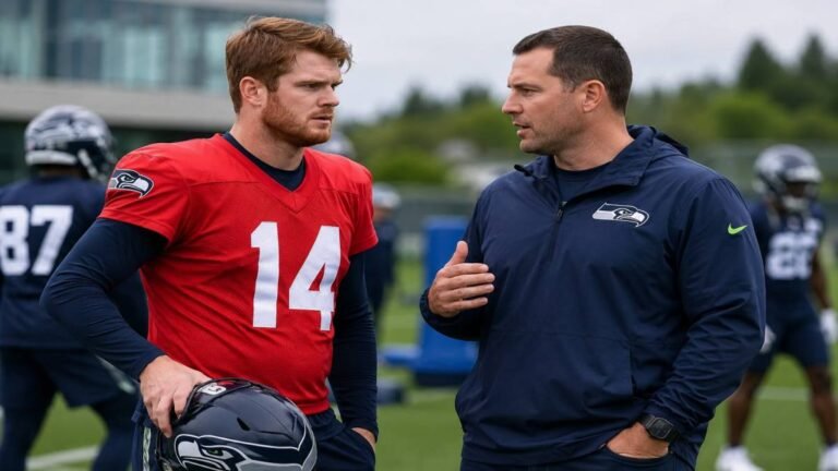 Seattle Seahawks quarterback Sam Darnold, wearing a blue jersey with the number 14 and a green helmet, speaks animatedly to media while new offensive coordinator Brian Fleury stands nearby listening intently at the team facility in Renton, Washington.