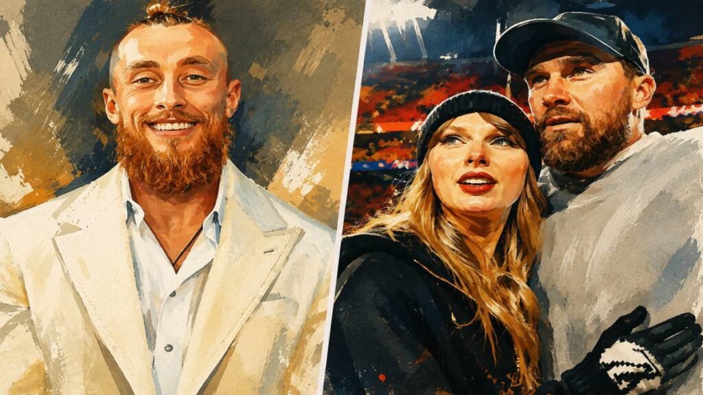 Taylor Swift in a yellow floral dress posing with Travis Kelce at the Tight End University event in Nashville, June 2026, with George Kittle and other guests nearby.