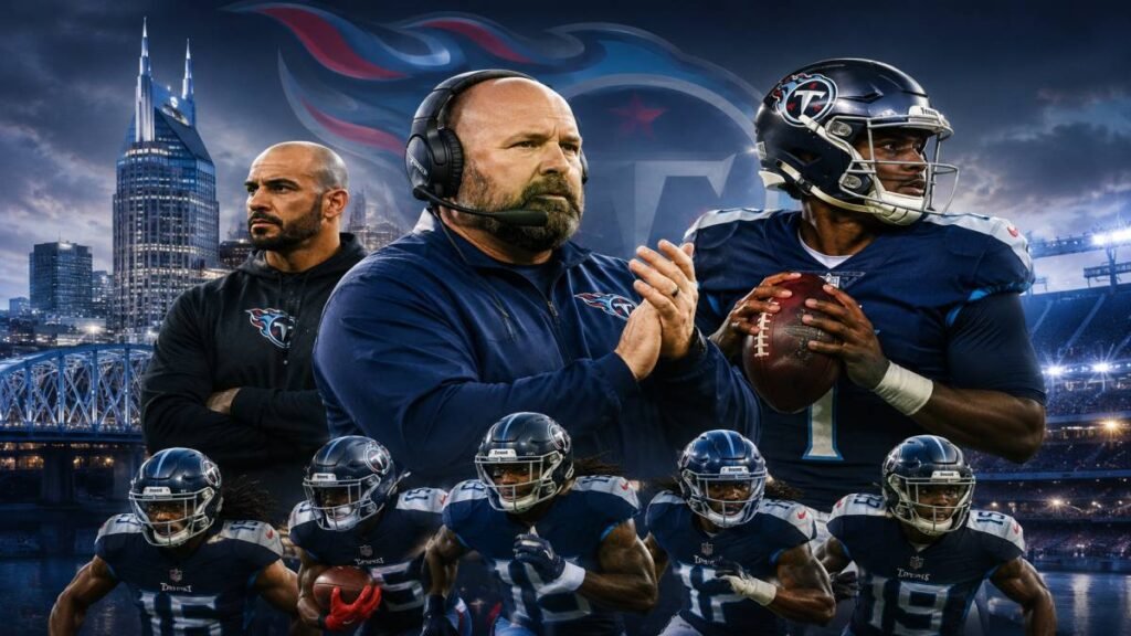 Tennessee Titans wide receivers run crisp routes during OTAs while Brian Daboll watches from the sideline under a bright Nashville sky.