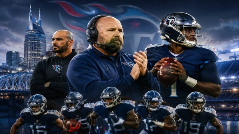 Tennessee Titans wide receivers run crisp routes during OTAs while Brian Daboll watches from the sideline under a bright Nashville sky.