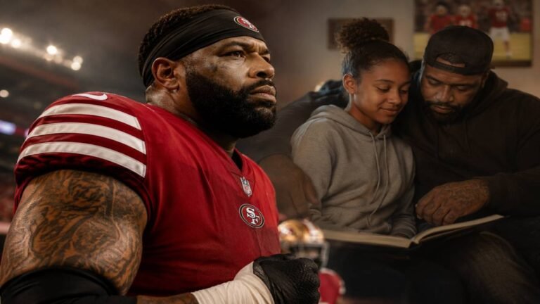 San Francisco 49ers offensive tackle Trent Williams in red jersey number 71, thoughtful expression during 2026 media availability, stadium background, highlighting his comments on retirement and fatherhood.