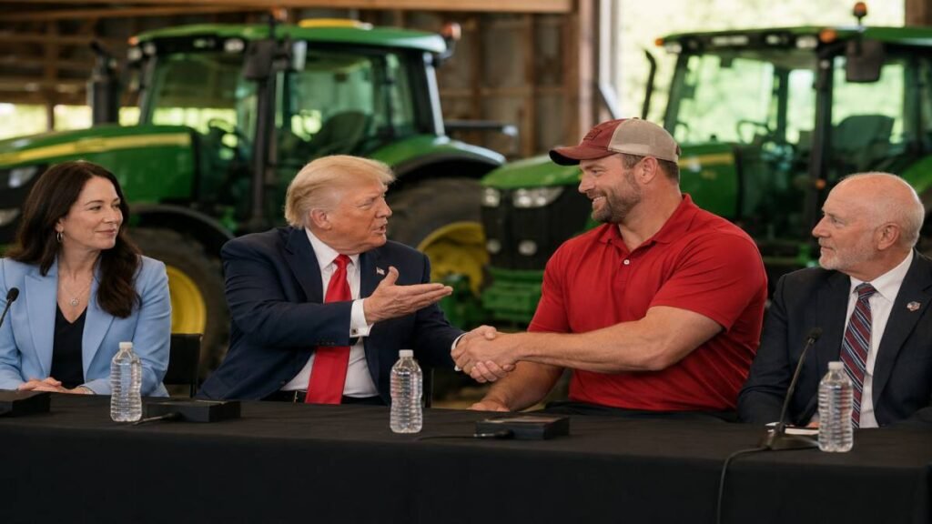 President Donald Trump gestures toward NFL Hall of Famer Joe Thomas during the agriculture roundtable at Custer Farms in Chippewa Falls, Wisconsin, on June 5, 2026. Thomas stands in a red Hall of Fame Farms shirt while Trump wears a suit and red tie.
