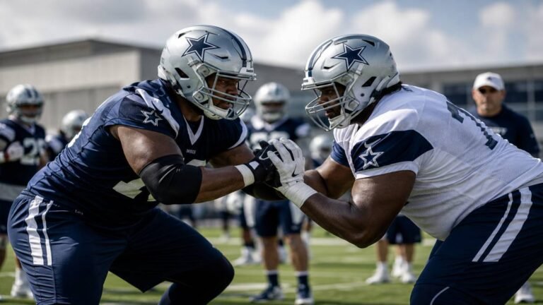 Dallas Cowboys offensive tackle Tyler Guyton during 2026 OTAs in Frisco, Texas, showing athletic kick-slide technique in team drills.