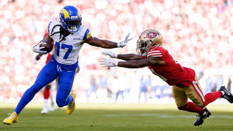 Split action photo of Los Angeles Rams quarterback and San Francisco 49ers player in game action.