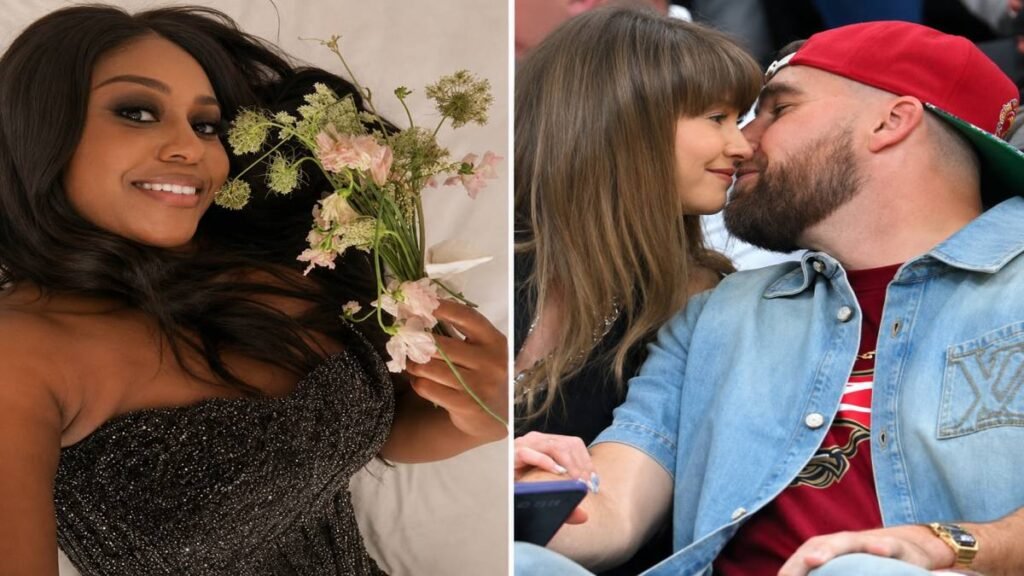 Ashley Smith, older sister of Kansas City Chiefs offensive guard Trey Smith, smiles while holding Taylor Swift’s pale pink floral wedding bouquet after the star-studded July 3, 2026 ceremony at Madison Square Garden.