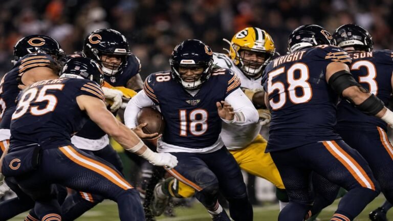 Chicago Bears players high-fiving and celebrating a touchdown on the field at Soldier Field with a packed crowd waving team flags under clear blue skies.