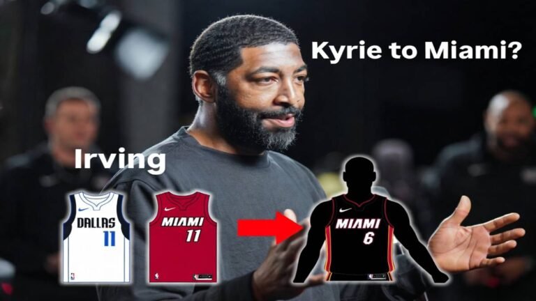 Sports media graphic of Chad Johnson on a podcast gesturing while discussing Kyrie Irving trade rumors to the Miami Heat, showing Dallas Mavericks #11 jersey, Miami Heat #11 jersey with red arrow, and LeBron James #6 Heat silhouette with text "Kyrie to Miami?"