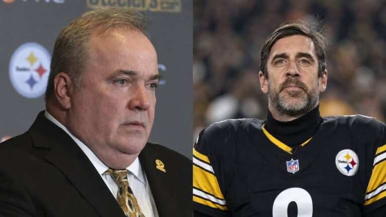 ittsburgh Steelers head coach Mike McCarthy speaks at his introductory press conference in January 2026, standing at a podium with the Steelers logo and Acrisure Stadium visible behind him.