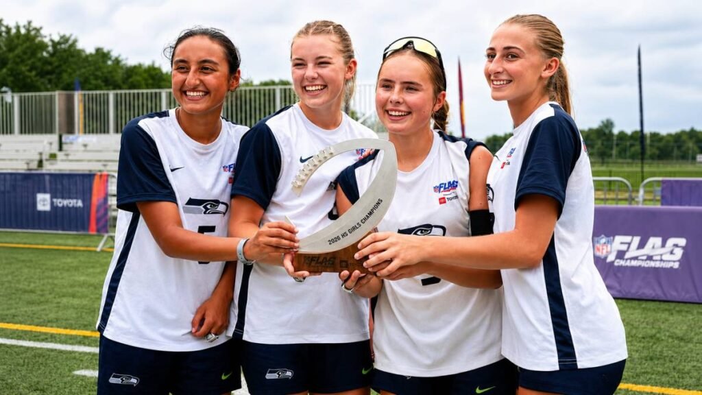 Los Angeles Seahawks players celebrate after overtime win in 2026 NFL Flag Championships girls high school title game.
