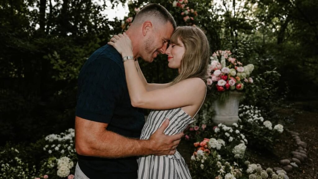 Taylor Swift and Travis Kelce wedding marquee lit up with “JUST&T MARRIED” outside Madison Square Garden on July 3, 2026.