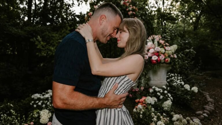 Taylor Swift and Travis Kelce wedding marquee lit up with “JUST&T MARRIED” outside Madison Square Garden on July 3, 2026.