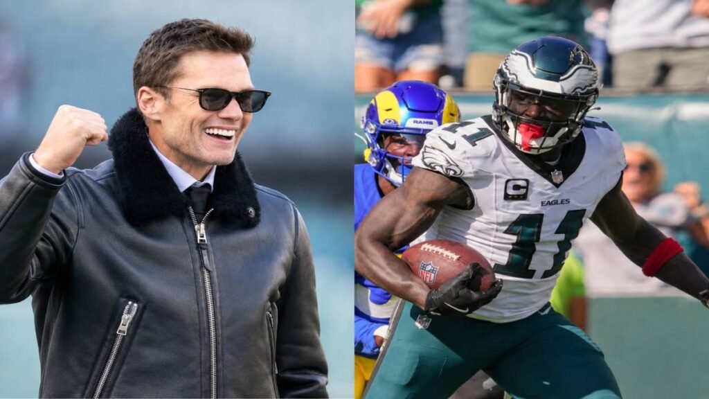 Tom Brady gestures animatedly while sharing insights on NFL wide receiver dynamics and the A.J. Brown trade during his appearance on the New Heights podcast alongside Travis and Jason Kelce in a professional studio setting with warm lighting and microphones.